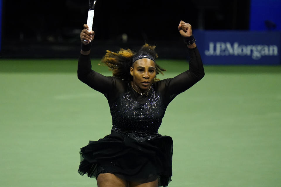 Serena Williams, of the United States, reacts after beating Anett Kontaveit, of Estonia, in the second round of the U.S. Open tennis championships, Wednesday, Aug. 31, 2022, in New York. (AP Photo/Frank Franklin II)