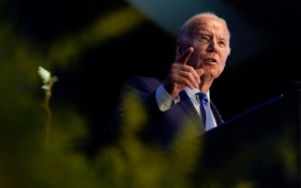 US President Joe Biden speaks during South Carolina's First in the Nation Dinner at the South Carolina State Fairgrounds in Columbia, South Carolina, on Jan. 27, 2024.