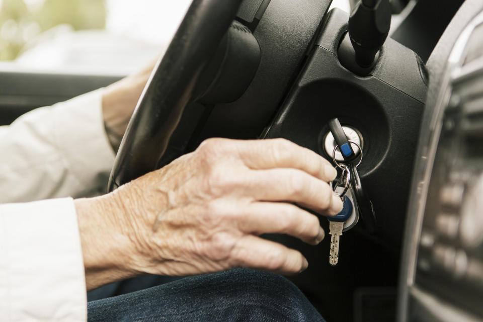 An elderly woman seen placing her keys in the ignition. National Road Safety found 129 people aged 75 and over died on Australia's roads in 2018. That's less than the 17-25 age group and 40-64 age group.