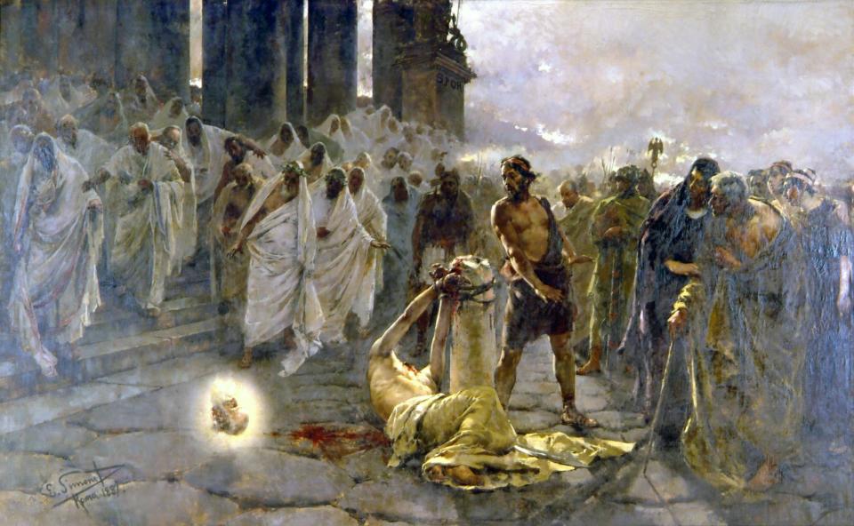 <p>Scapegoating a minority: Nero was a divisive ruler who persecuted Rome's Christian minority. This 19th-century painting, by the Spanish artist Enrique Simonet, portrays the execution of St Paul after the emperor had blamed the Great Fire on the Christians.</p>Public Domain