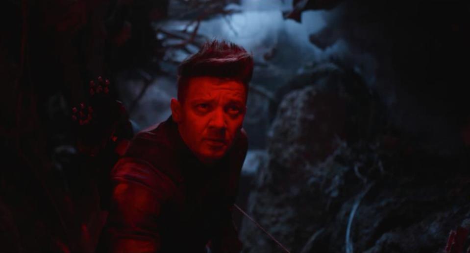 Hawkeye (Jeremy Renner) prepares to face some scary aliens in tight quarters. (Photo: Marvel Studios)