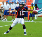 MIAMI GARDENS, FL - OCTOBER 23: Tim Tebow #15 of the Denver Broncos passes against the Miami Dolphins at Sun Life Stadium on October 23, 2011 in Miami Gardens, Florida. (Photo by Scott Cunningham/Getty Images)