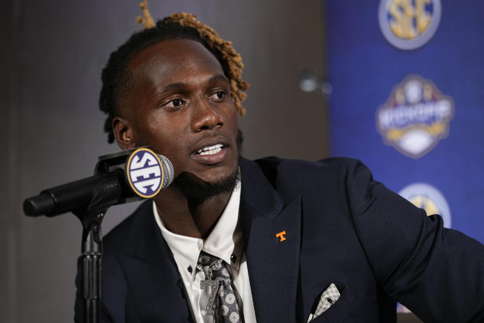 FILE - Tennessee quarterback Joe Milton III responds to questions during NCAA college football Southeastern Conference Media Days, Thursday, July 20, 2023, in Nashville, Tenn. Milton goes into his third season in Josh Heupel's offense replacing his roommate Hendon Hooker, drafted bythe NFL’s Detroit Lions, at quarterback.(AP Photo/George Walker IV, File)