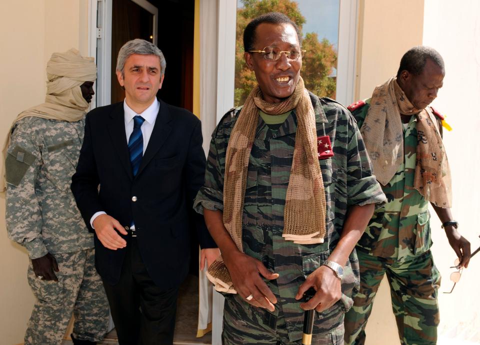 In this Feb. 6, 2008 file photo, Chad's President Idriss Deby Itno, center-right, meets with French Defense Minister Herve Morin, center-left, in N'Djamena, Chad. Deby, who ruled the central African nation for more than three decades, was killed on the battlefield April 20, 2021, in a fight against rebels, the country's top military commander announced on national television and radio.