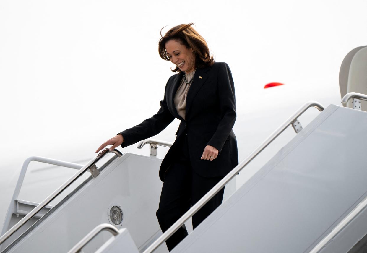 US Vice President Kamala Harris exits Air Force Two as arrives at the Minneapolis-St. Paul International Airport in St. Paul, Minnesota on March 14, 2024.