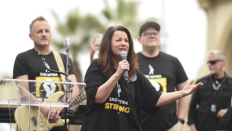 SAG-AFTRA President Fran Drescher, center, speaks during a rally outside Paramount Pictures Studio on Sept. 13, 2023, in Los Angeles. Drescher was parodied during the Oct. 28 episode of “Saturday Night Live.”