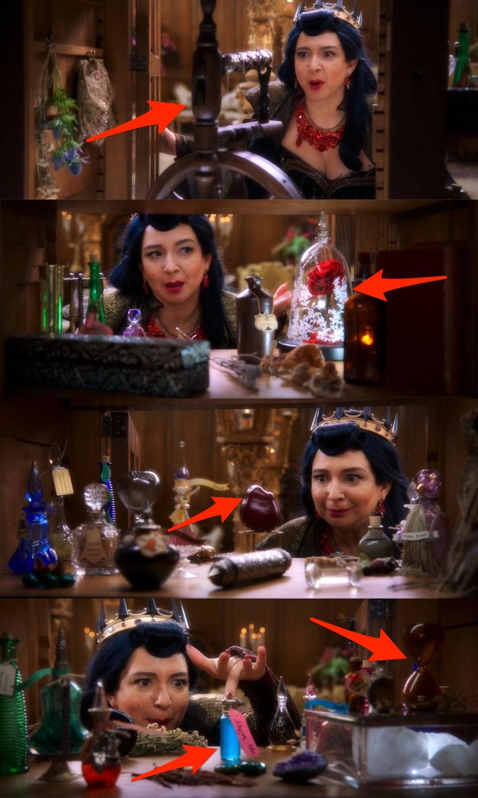 Arrows pointing to details in Malvina's cabinet in "Disenchanted."