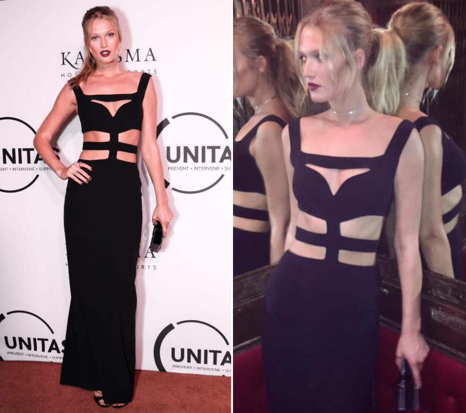 Schade – das an sich tolle Vintagedress von Alexander McQueen, in dem Toni Garrn die „Gala Against Human Trafficking“ in New York besuchte, brachte die Kurven des Models leider komplett zum Verschwinden. (13. September 2016, Bilder: Getty Images, Instagram/tonigarrn)