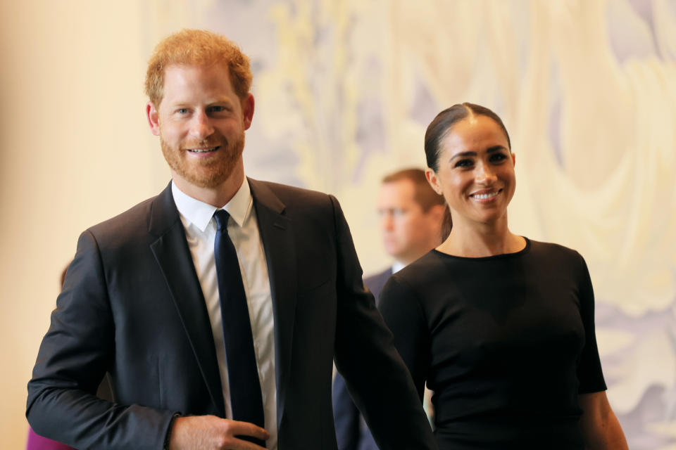 NEW YORK, NEW YORK - JULY 18:  Prince Harry, Duke of Sussex and Meghan, Duchess of Sussex arrive at the United Nations Headquarters on July 18, 2022 in New York City. Prince Harry, Duke of Sussex is the keynote speaker during the United Nations General assembly to mark the observance of Nelson Mandela International Day where the 2020 U.N. Nelson Mandela Prize will be awarded to Mrs. Marianna Vardinogiannis of Greece and Dr. Morissanda Kouyat&#xc3;&#xa9; of Guinea.  (Photo by Michael M. Santiago/Getty Images)