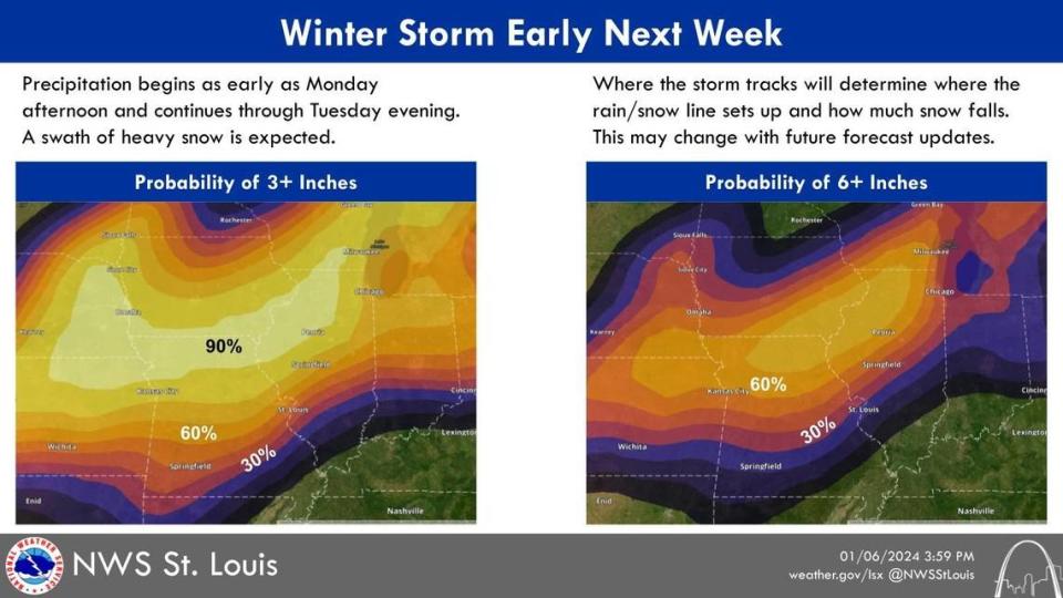 The National Weather Service released this map on Saturday to show possibilities of heavy snowfall in a storm on Monday and Tuesday.