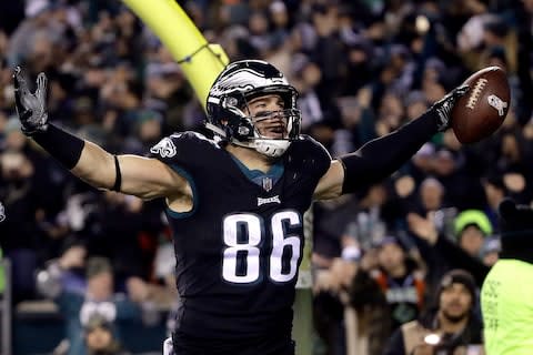 Philadelphia Eagles tight end Zach Ertz celebrates his touchdown catch on a pass form quarterback Carson Wentz during the second half of an NFL football game against the Dallas Cowboys - Credit: AP Photo/Matt Rourke