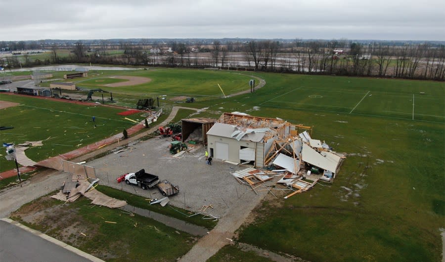 Olentangy Berlin athletic fields sustained extensive damage after violent storms ripped through Delaware and Logan Counties, March 14, 2024. (NBC4/Mark Feuerborn)