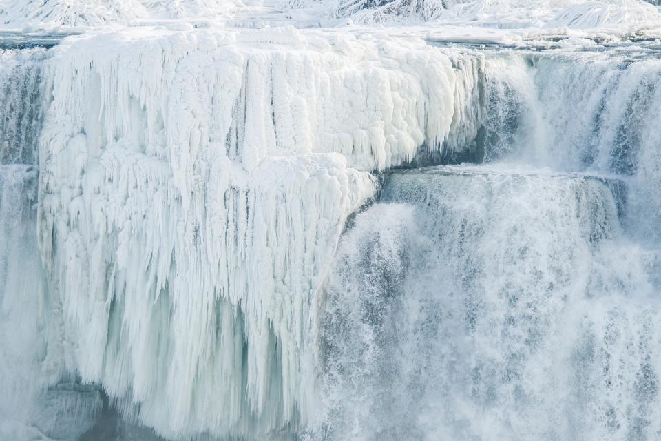 Ice hangs from the top of the American side of Niagara Falls on Jan. 3, 2018.