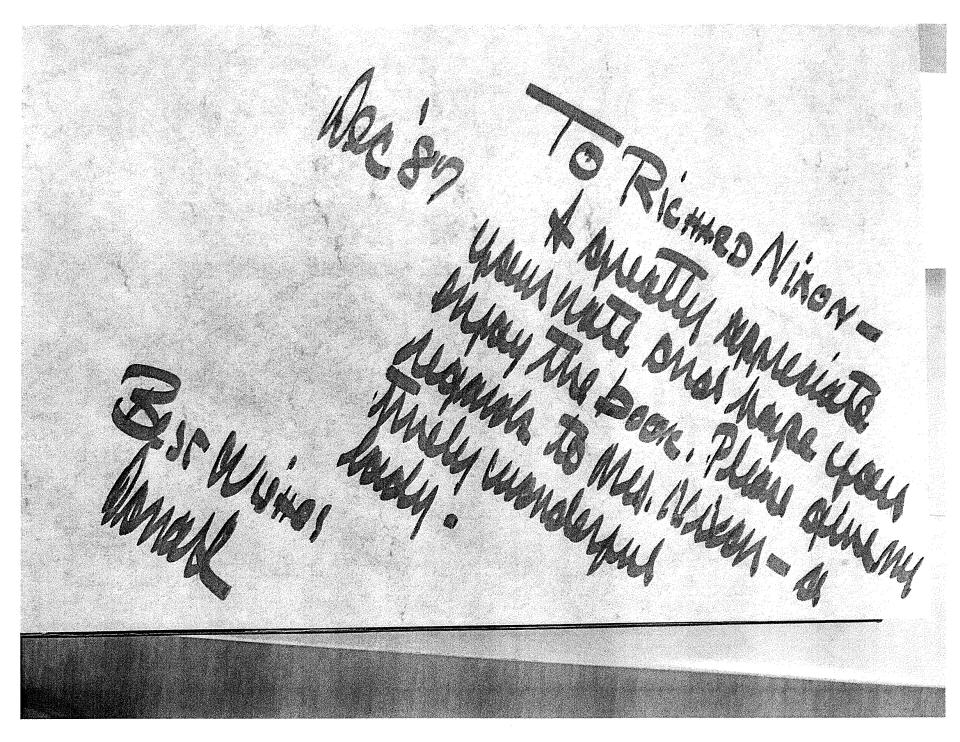 This image provided by the Richard Nixon Foundation shows a copy of correspondence between Donald Trump and Richard Nixon. The letters between once and future presidents, revealed for the first time in an exhibit that opens Thursday, Sept. 24, 2020, at the Richard Nixon Presidential Library & Museum, show the two men engaged in something of an exercise in mutual affirmation. The museum shared the letters exclusively with The Associated Press ahead of the exhibit’s opening. (Richard Nixon Foundation via AP)