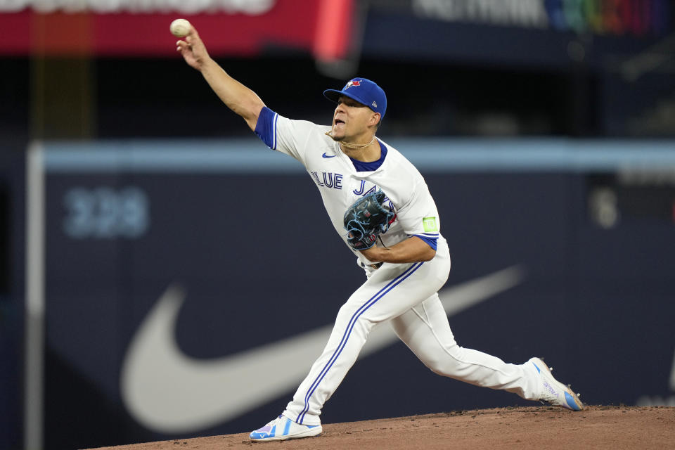 Toronto Blue Jays starting pitcher Jose Berrios works against the New York Yankees during the first inning of a baseball game Wednesday, Sept. 27, 2023, in Toronto. (Frank Gunn/The Canadian Press via AP)