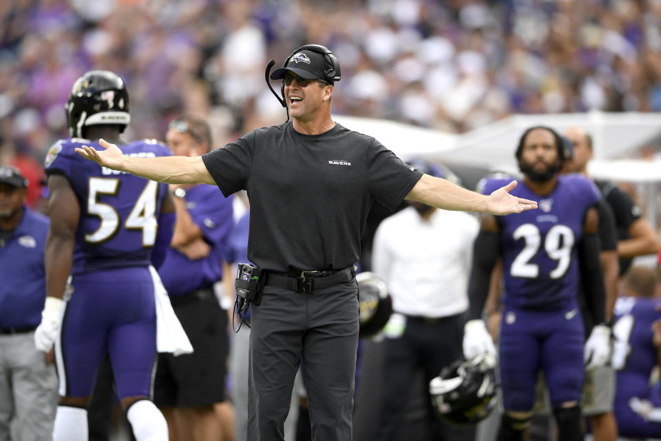 FILE - In this Sept. 29, 2019, file photo, Baltimore Ravens head coach John Harbaugh reacts during the second half of an NFL football game against the Cleveland Browns, in Baltimore. The Browns beat the Ravens 40-25. “John made a statement that rings in my head,” guard Marshal Yanda said this week. “’We’re not a good football team right now. We’re not.’” Flash forward to last Sunday, when the Ravens completed the regular season with a 14-2 record by beating the Pittsburgh Steelers 28-10. (AP Photo/Nick Wass, FIle)