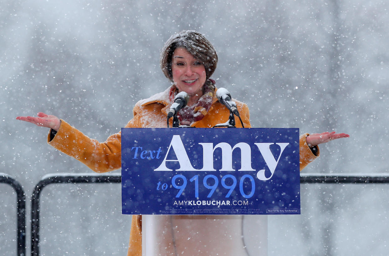 Sen. Amy Klobuchar, D-Minn., declares her candidacy for the 2020 Democratic presidential nomination in Minneapolis on Sunday. (Eric Miller/Reuters)