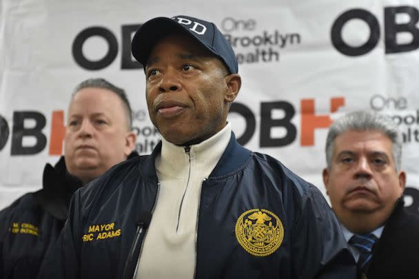 PHOTO: New York City Mayor Eric Adams holds a press conference at Brookdale Hospital after an off-duty New York City Police Department officer was shot on Ruby Road in Brooklyn, New York, Feb. 4, 2023. (Kyle Mazza/NurPhoto via Shutterstock)