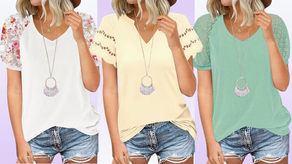 Miholl V-neck shirt in white, yellow and green on a purple background