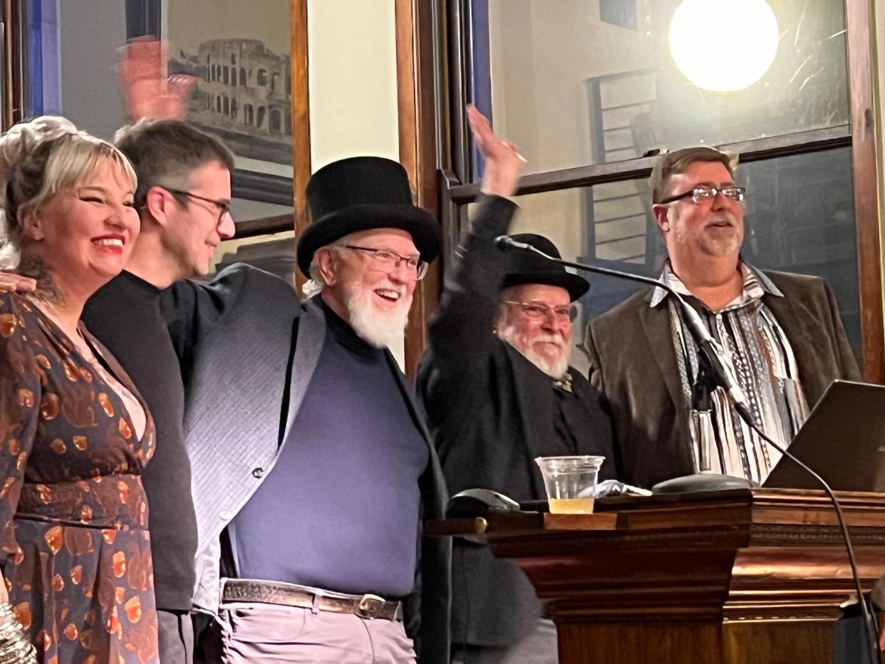 Stand-up History at the Merchantile Library: From left Molly Wellman, Dean Regas, MC Michael Perrino, Greg Hand and Dann Woellert. The group tells stories about Cincinnati with a dash of humor. The next event is Jan. 17, 2023 at 7 p.m. at Muse Cafe in Westwood.