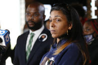 Tamala Payne, mother of Casey Goodson Jr., answers questions during a news conference Thursday, Dec. 2, 2021, in Columbus, Ohio about the indictment of a former deputy who shot and killed her son. Jason Mead, the Ohio sheriff's deputy who fatally shot Casey Goodson Jr. in the back five times has been charged with murder and reckless homicide. (AP Photo/Jay LaPrete)