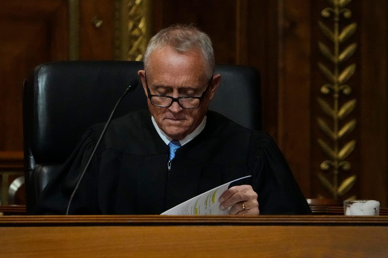 Feb 7, 2023; Columbus, OH, United States;  Ohio Supreme Court Justice Joe Deters listens to oral arguments. Mandatory Credit: Adam Cairns-The Columbus Dispatch