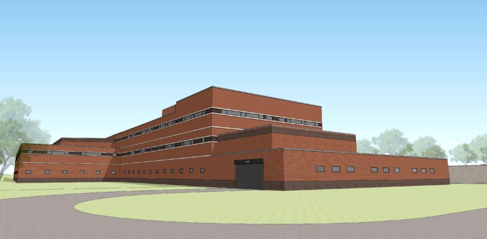 A rendering of the rear exterior to a proposed $228 million central intake center at the county jail complex in Mount Clemens that would have services for those brought to the lockup with mental health and substance abuse issues.