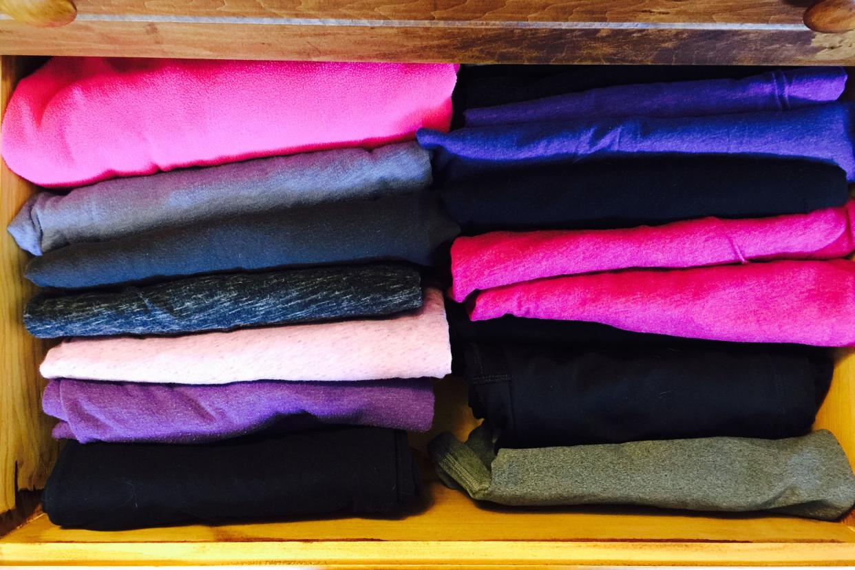 clothes in drawer folded in konmari style