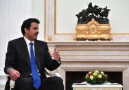 Qatar Emir Sheikh Tamim bin Hamad al-Thani speaks with Russian President Vladimir Putin during their meeting at the Kremlin in Moscow, Russia July 15, 2018. Yuri Kadobnov/Pool via REUTERS