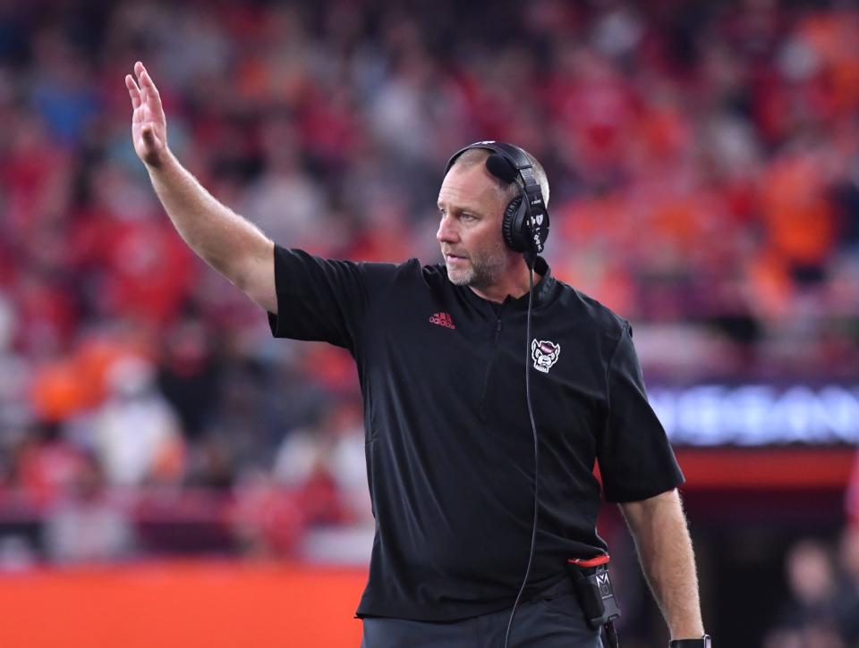 Oct 15, 2022; Syracuse, New York, USA; North Carolina State Wolfpack head coach Dave Doeren on the sidelines in the fourth quarter game against the Syracuse Orange at JMA Wireless Dome. Mandatory Credit: Mark Konezny-USA TODAY Sports