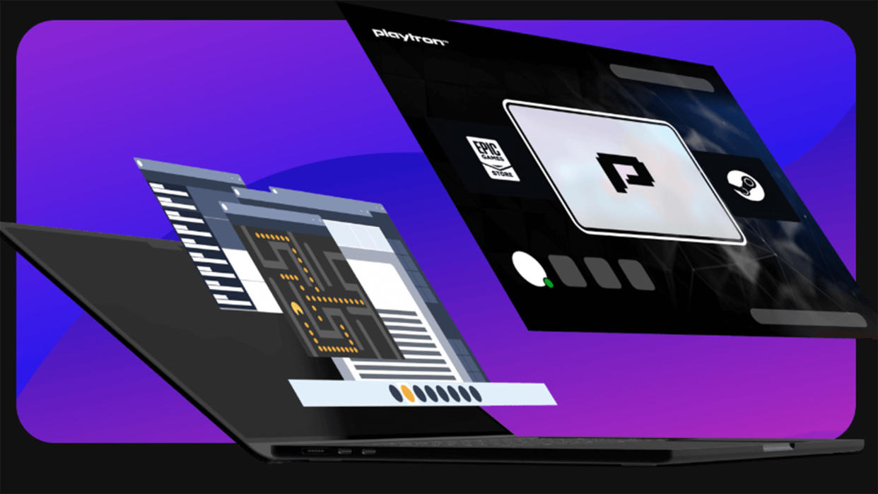  Playtron OS imagery showing it across laptop and handheld. 