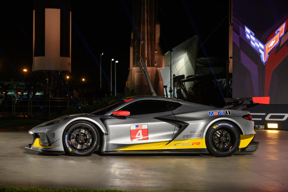 Chevrolet's first mid-engine GTLM race car - the Corvette C8.R - makes a surprise debut Wednesday, October 2, 2019 at the Kennedy Space Center in Cape Canaveral, Florida. The C8.R will make its racing debut at Rolex 24 at Daytona in January 2020. The C8.R No. 4 car dons a new silver livery, inspired by the color of iconic Corvette concepts such as the 1973 Chevrolet Aerovette and the 1959 Corvette Stingray Racer. (Photo by Preston Mack for Chevrolet)                      
