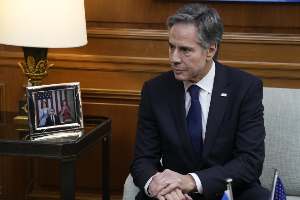 US Secretary of State Antony Blinken listens Greece's Prime Minister Kyriakos Mitsotakis during their meeting at Maximos Mansion in Athens, Greece, on Monday, Feb. 20, 2023. Blinken will be on a two-day trip in Athens, after his visit to Turkey, to meet with the country's leadership and launch the fourth round of the US-Greece Strategic Dialogue.(AP Photo/Thanassis Stavrakis)