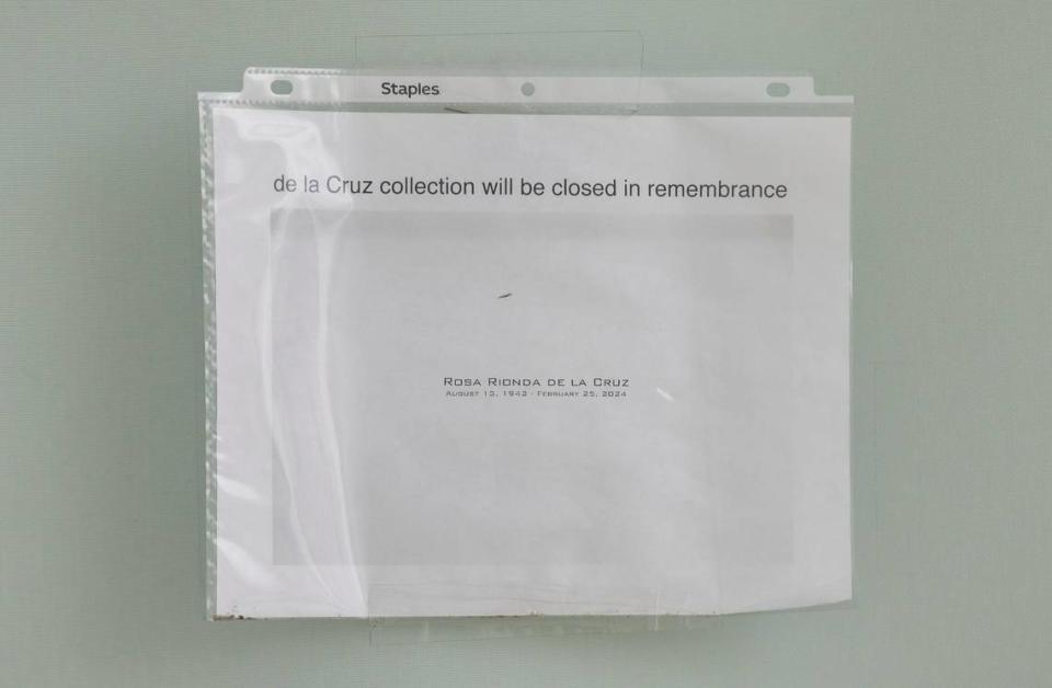 A sign announcing the closing of the de la Cruz Collection is seen outside of the private museum on Monday, April 8, 2024, in Miami, Florida. Works that were owned by Rosa de la Cruz will soon be on sale following her death in February.