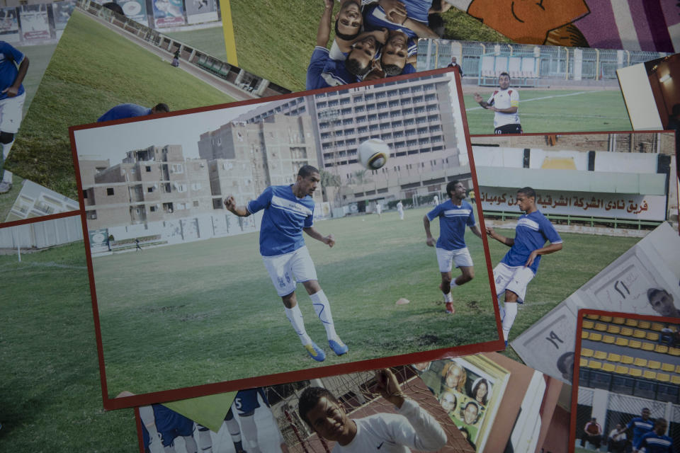 Fotos de Mahrous Mahmoud, defensor del Beni Suef, líder del campeonato de segunda división del fútbol egipcio, que trabaja en un puesto de comidas de un mercado popular de Manfalut desde que se paralizó el fútbol debido al coronavirus. Foto del 9 de mayo del 2020. (AP Photo/Nariman El-Mofty)