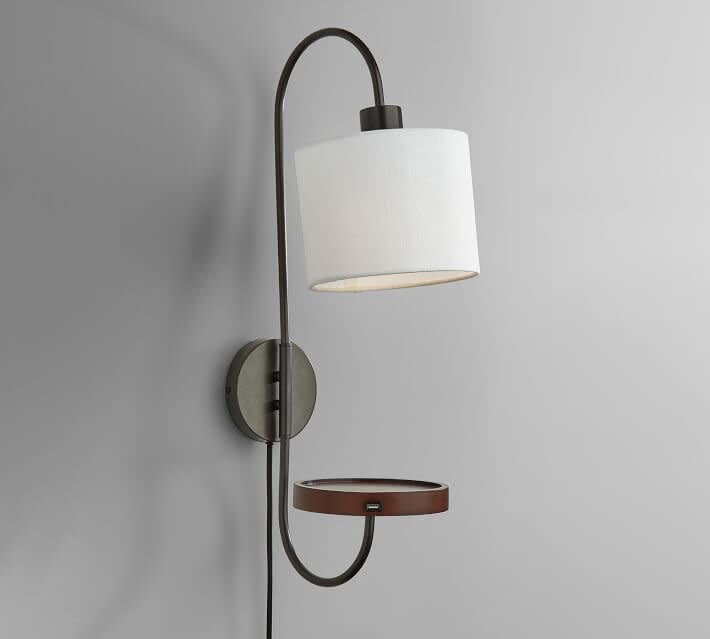 Plug-in Sconce with Lampshade and Wooden Ledge