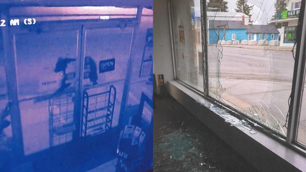 Security cameras captured the image of a large black bear outside the front door of Pincher Office Products last week. On the right, the result of the bear's adventures as it looked the following morning. (Courtesy Patti Mackenzie - image credit)