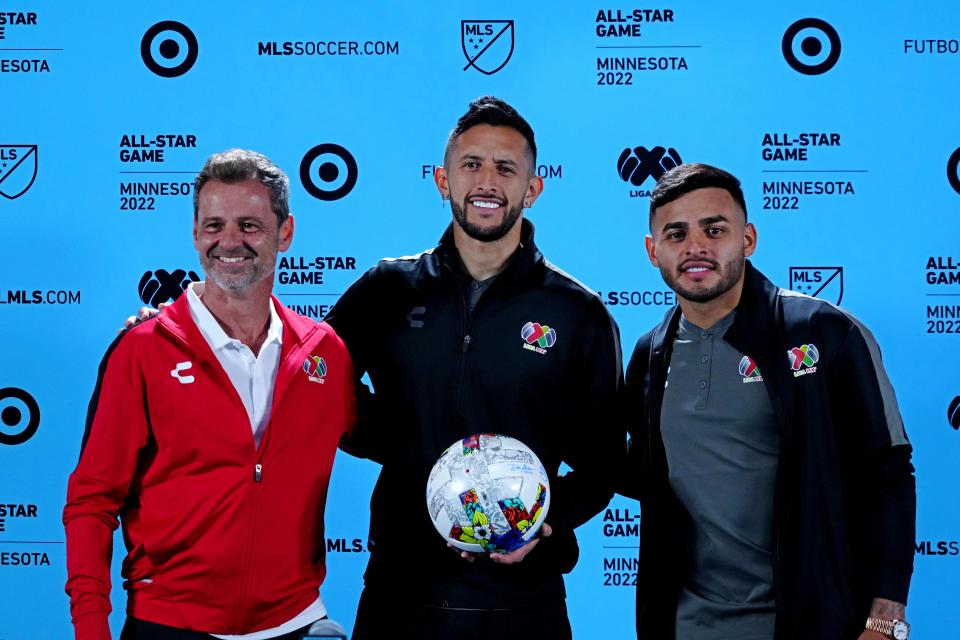 Liga MX All-Star coach Diego Cocca and players Camilo Vargas and Alexis Vega pose during an All-Star game press conference.