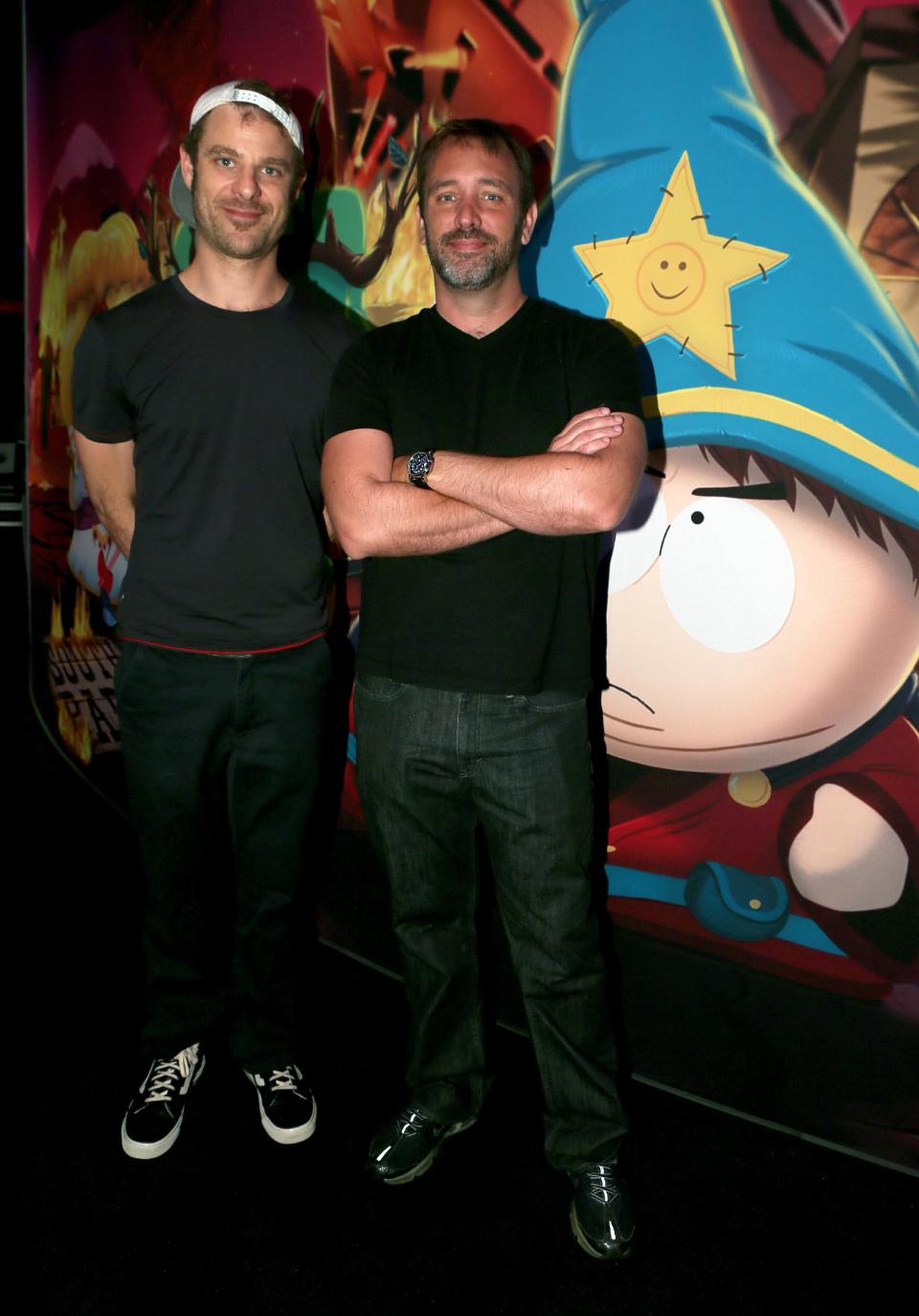 FILE - This June 12, 2013 file photo released by Ubisoft shows Matt Stone, left, and Trey Parker at the the Ubisoft booth to discuss "South Park: The Stick of Truth" at E3 in Los Angeles. (AP Photo/Ubisoft, Alexandra Wyman, file)