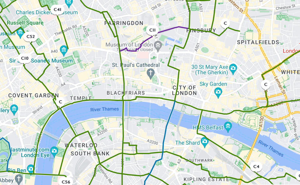 Cycling routes across London are highlighted on another map. (TfL)