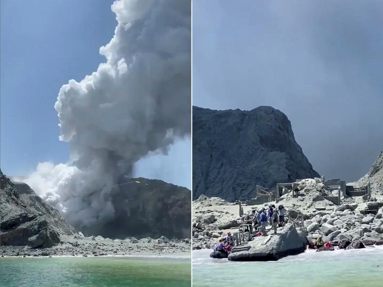 People wait to be taken off White Island, right, as the volcano erupts: Reuters