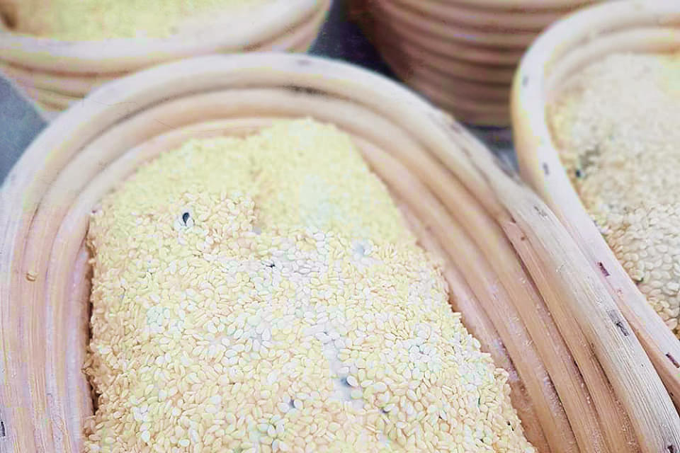 Loaves of Sesame Special Sourdough Bread before baking.