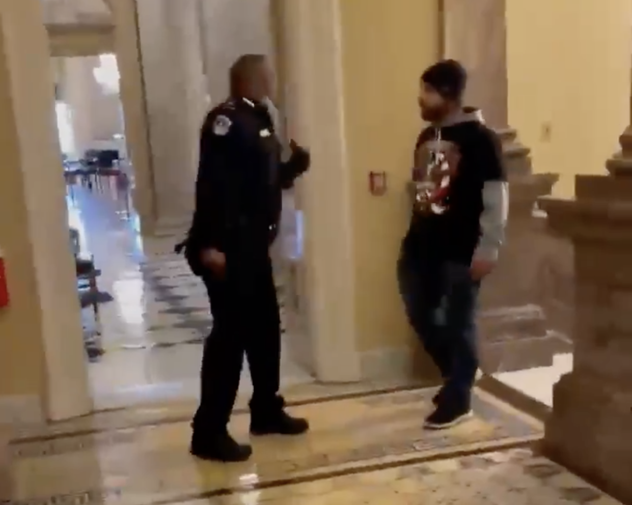 Doug Jensen was caught on video confronting Capitol Police Officer Eugene Goodman during the 6 January attack (Igor Bobic)