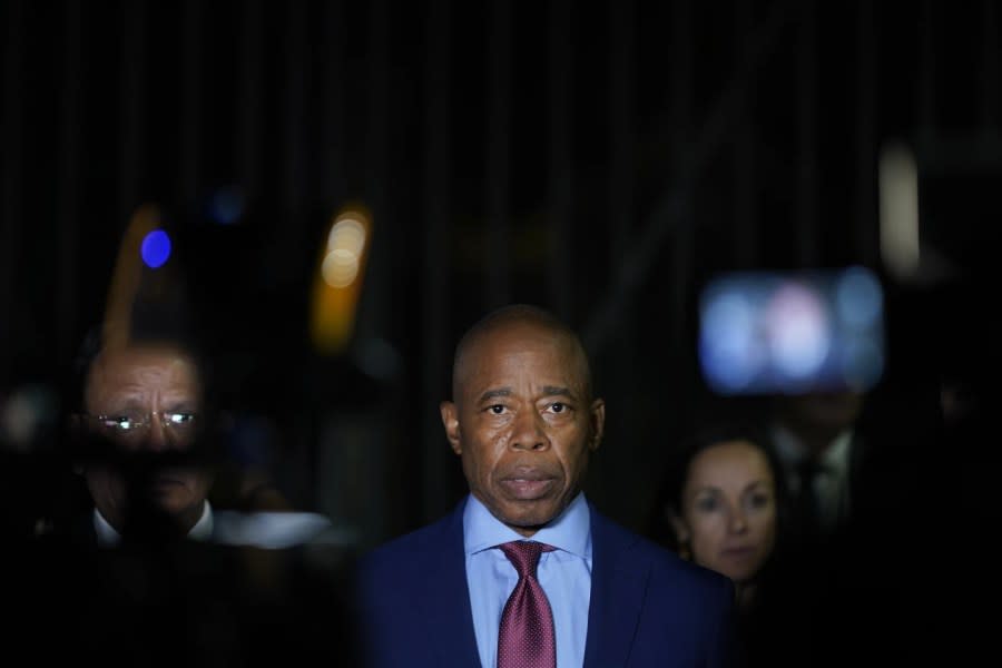 New York City Mayor Eric Adams talks to the press in front of the Basilica of Our Lady of Guadalupe, Oct. 4, 2023, in Mexico City. (AP Photo/Eduardo Verdugo, File)