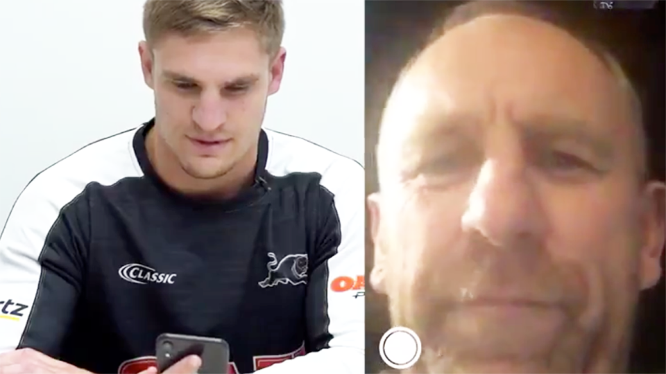 The emotional moment John Cartwright tells his father and NRL great, John, he will make his debut this Friday. (Images: @PenrithPanthers)