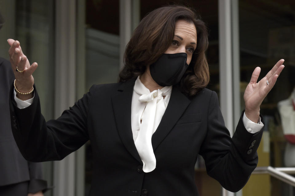 Democratic vice presidential candidate Sen. Kamala Harris, D-Calif., speaks as she arrives for a community conversation with Latino leaders and elected officials during a campaign stop at Taller Puertorriqueno, Thursday, Sept. 17, 2020, in Philadelphia. (AP Photo/Michael Perez)