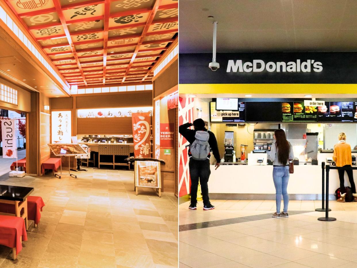 Two images: Left: Inside an empty Sushi restaurant at Tokyo, Haneda Airport, International Terminal, Departure Area. Right: Travelers order food from McDonald's at Hartsfield-Jackson Atlanta International Airport