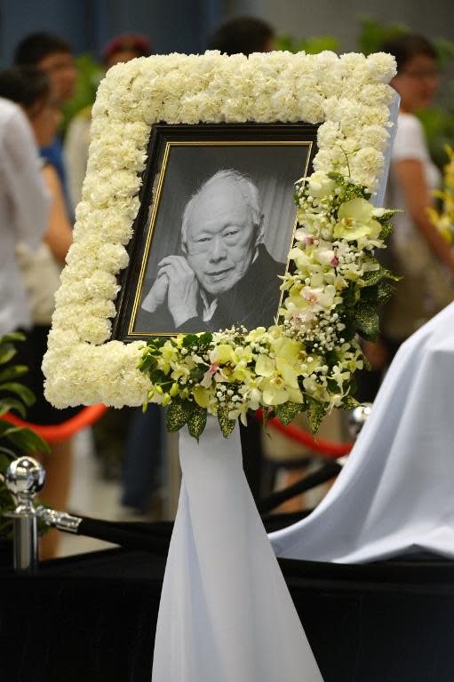 A memorial portrait of Singapore's late former prime minister Lee Kuan Yew is seen as he lies in state at Parliament House ahead of his funeral in Singapore on March 28, 2015