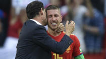 <p>Spain captain Sergio Ramos is embraced by his manager Fernando Ruiz Hierro </p>