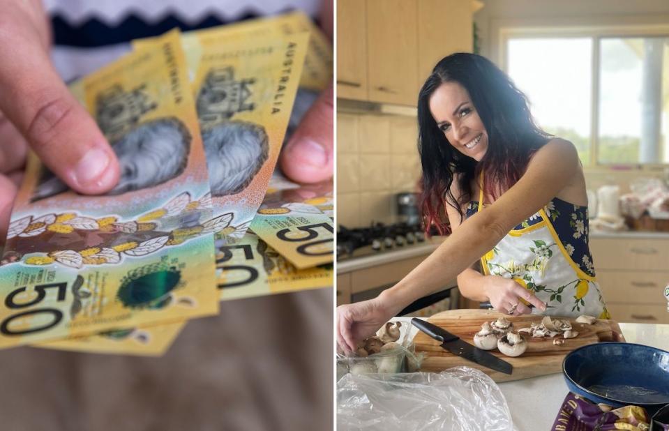 Compilation image of hands counting out $50 notes and Nicole cutting up mushrooms in her kitchen for one of her low-spend recipes